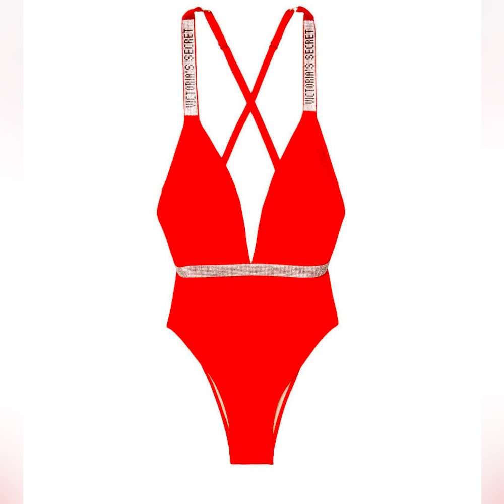 VICTORIA'S SECRET SWIM Shine Strap Plunge One-Piece Swimsuit Size Small Red